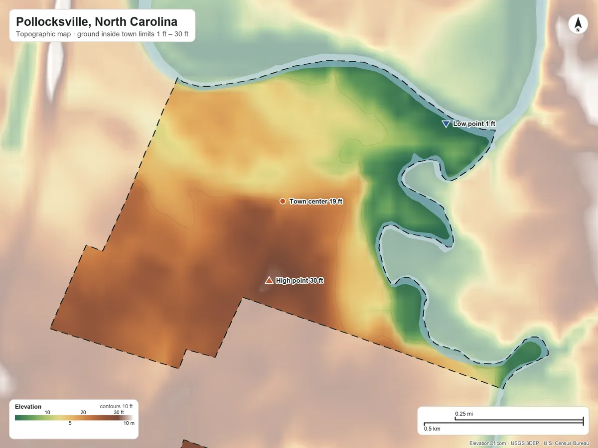 Topographic elevation map of Pollocksville, North Carolina, shaded from 1 ft on the northeast side to 30 ft on the south side