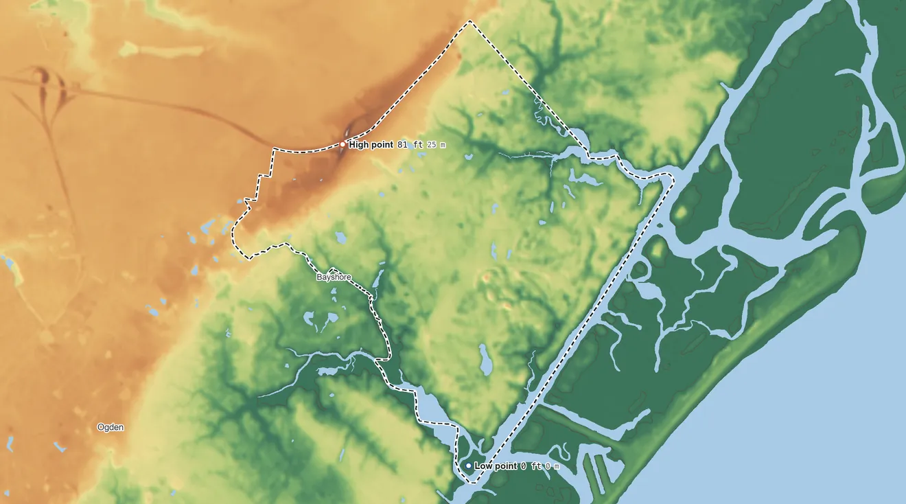Topographic elevation map of Porters Neck, North Carolina, shaded from sea level level on the Atlantic Ocean to 81 ft on the northwest side