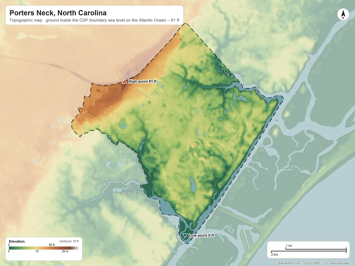Topographic elevation map of Porters Neck, North Carolina, shaded from sea level level on the Atlantic Ocean to 81 ft on the northwest side