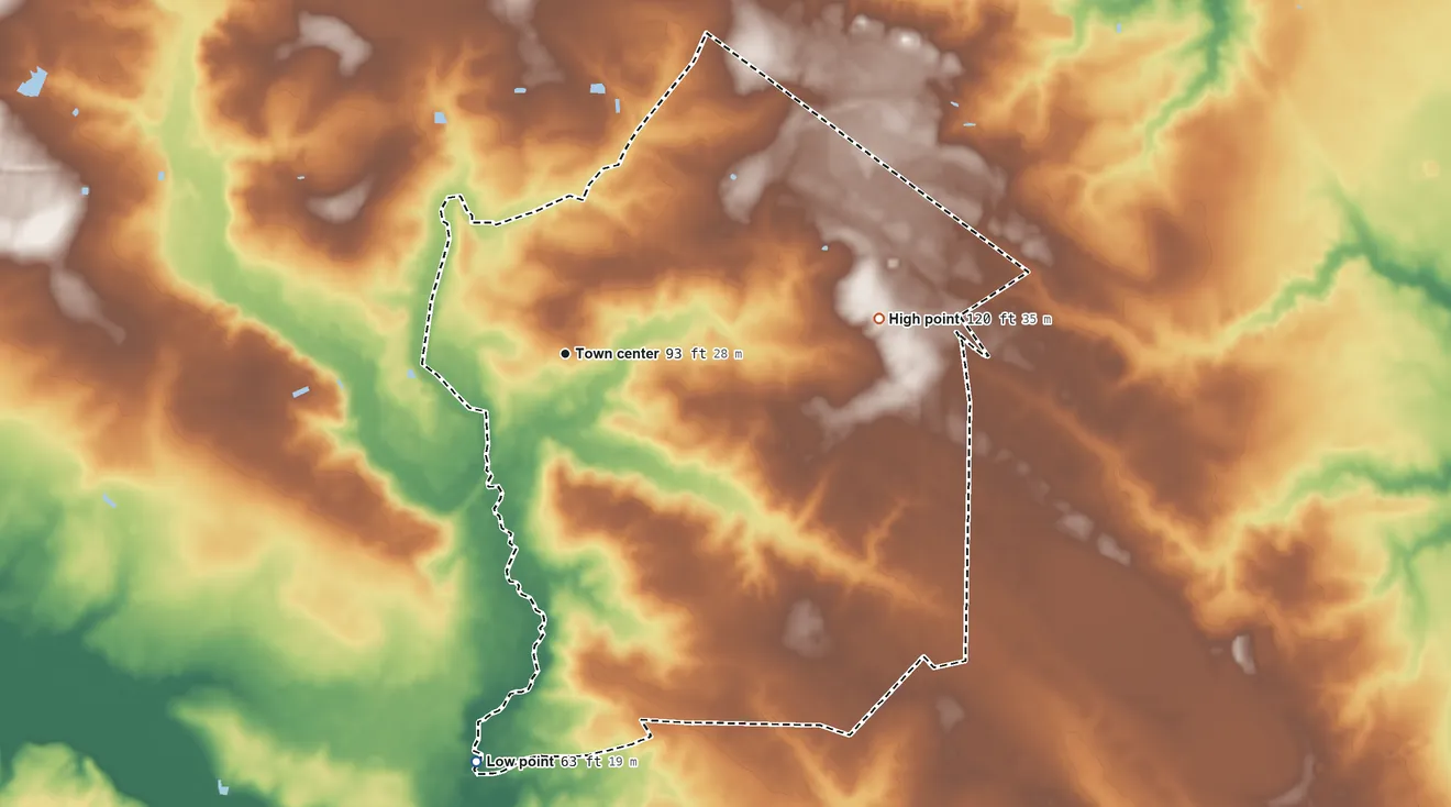 Topographic elevation map of Potters Hill, North Carolina, shaded from 63 ft on the south side to 120 ft on the east side