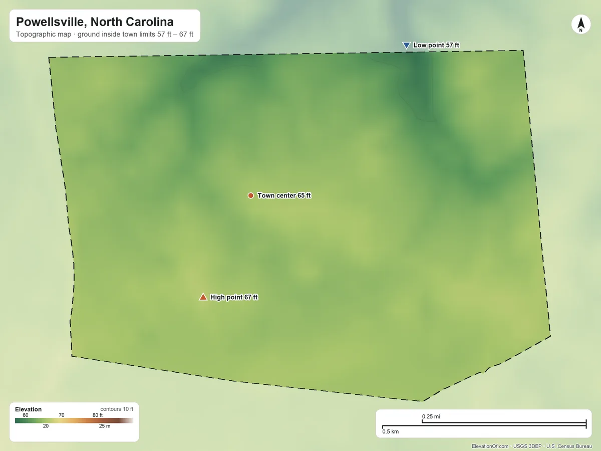 Topographic elevation map of Powellsville, North Carolina, shaded from 57 ft on the northeast side to 67 ft on the southwest side