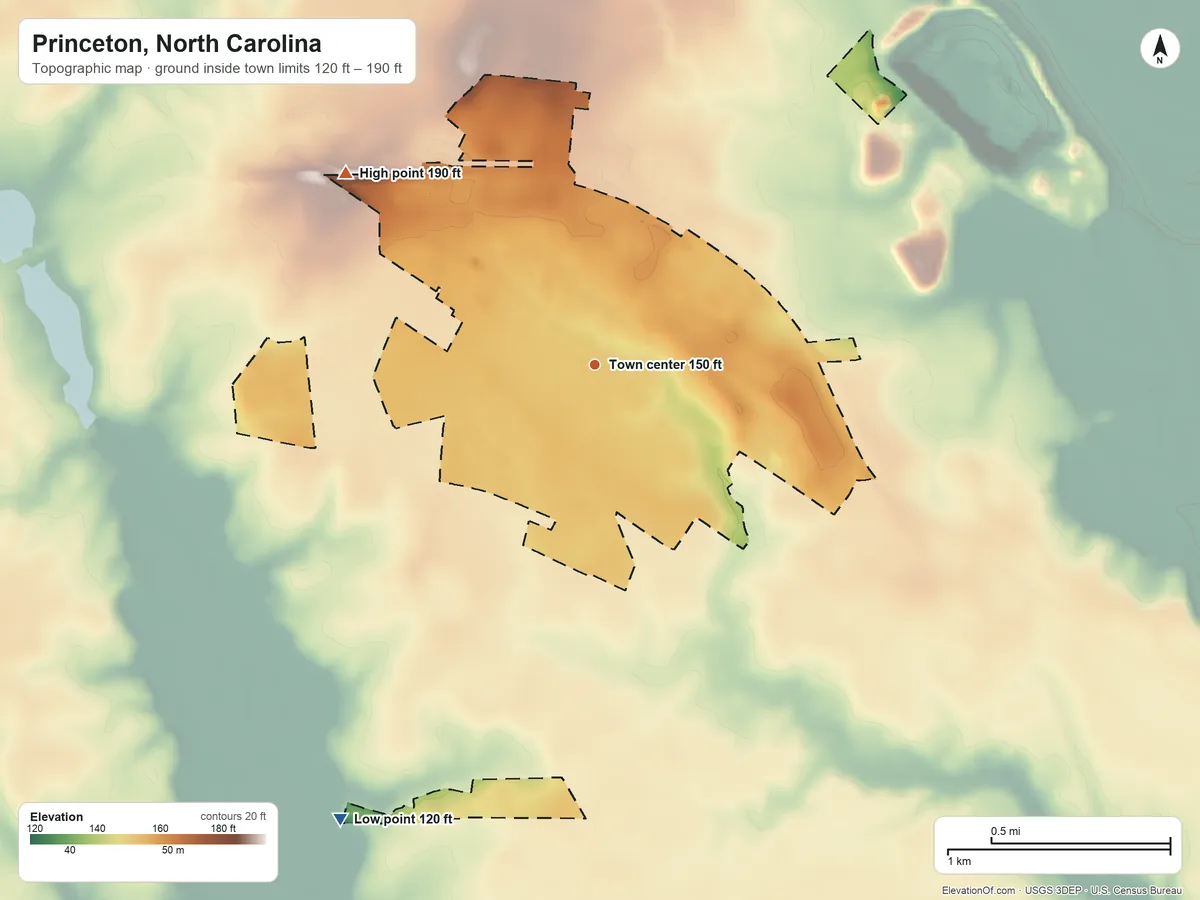 Topographic elevation map of Princeton, North Carolina, shaded from 120 ft on the southwest side to 190 ft on the northwest side