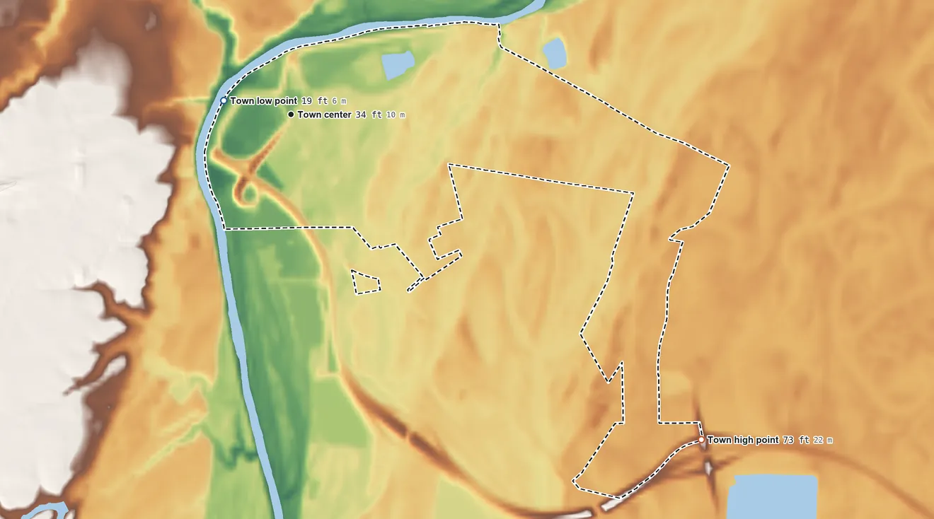Topographic elevation map of Princeville, North Carolina, shaded from 19 ft near the middle to 73 ft on the southeast side