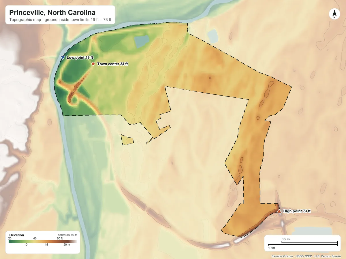 Topographic elevation map of Princeville, North Carolina, shaded from 19 ft near the middle to 73 ft on the southeast side