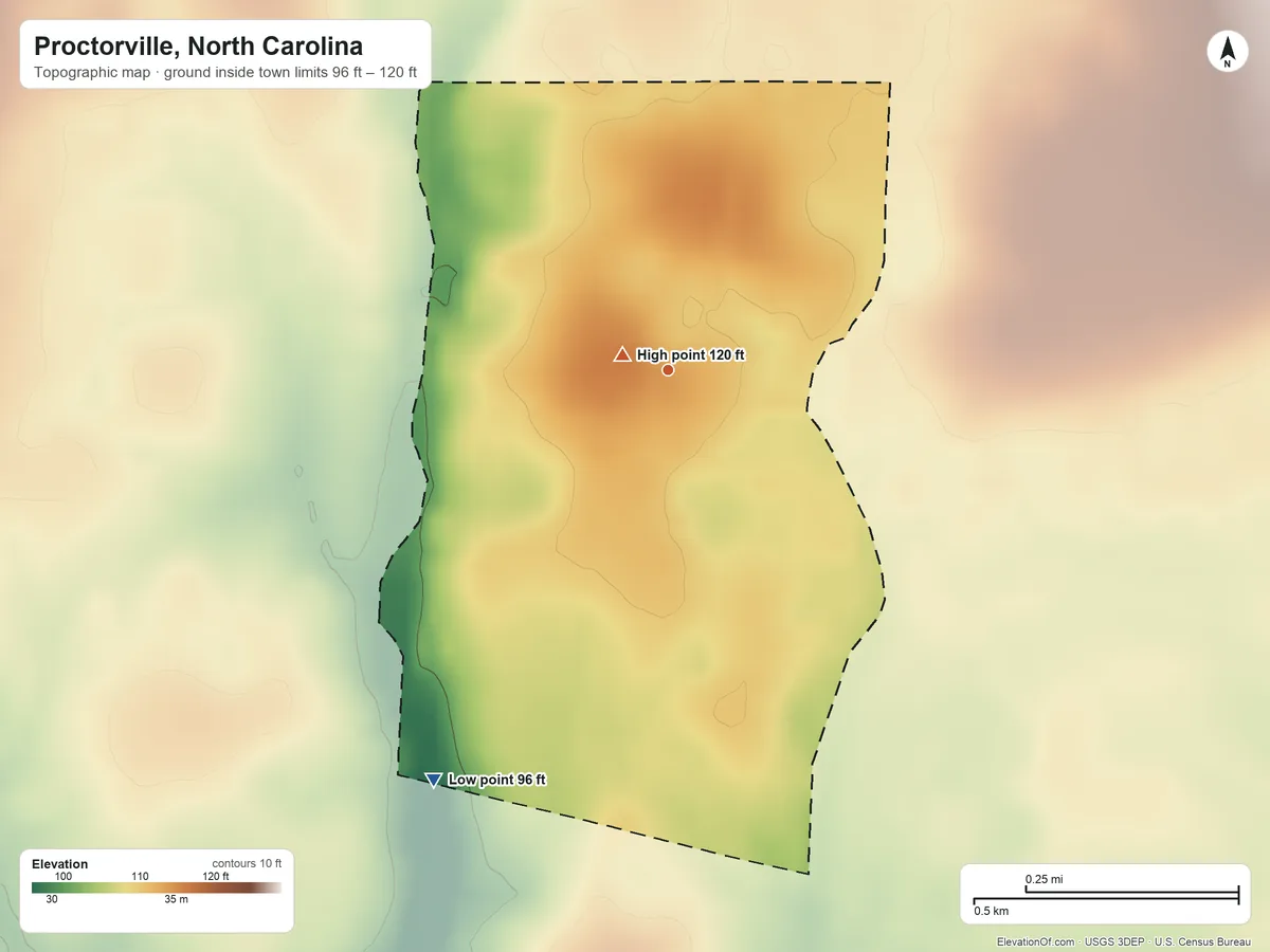 Topographic elevation map of Proctorville, North Carolina, shaded from 96 ft on the southwest side to 120 ft near the middle