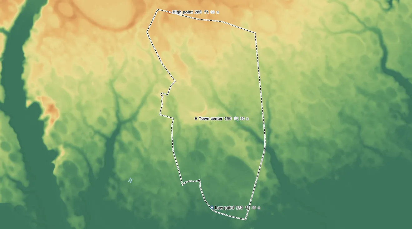 Topographic elevation map of Prospect, North Carolina, shaded from 180 ft on the south side to 200 ft on the north side
