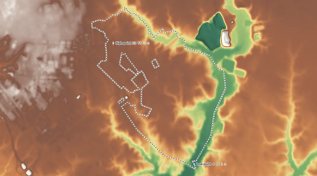 Topographic elevation map of Pumpkin Center, North Carolina, shaded from 4 ft on the south side to 52 ft on the northwest side