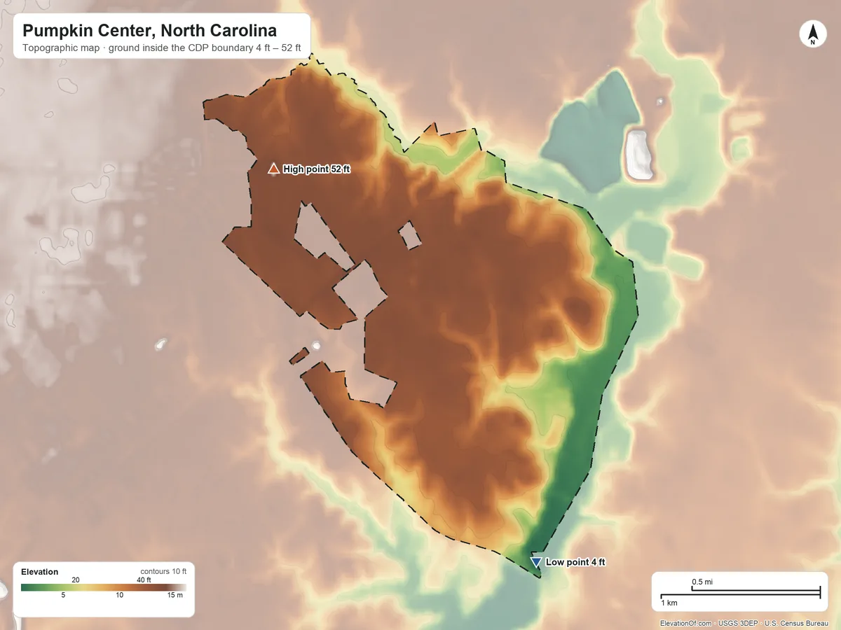 Topographic elevation map of Pumpkin Center, North Carolina, shaded from 4 ft on the south side to 52 ft on the northwest side
