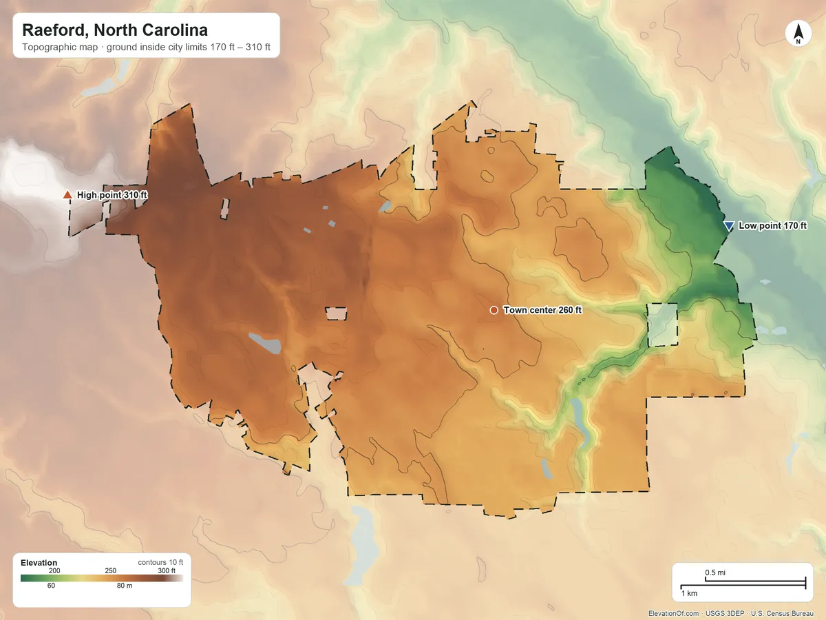 Topographic elevation map of Raeford, North Carolina, shaded from 170 ft on the east side to 310 ft on the west side