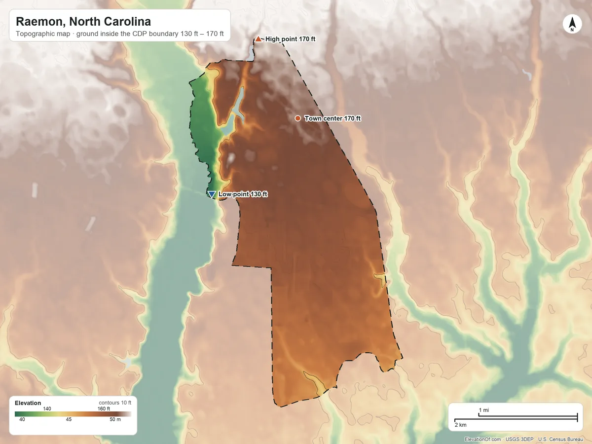 Topographic elevation map of Raemon, North Carolina, shaded from 130 ft on the southwest side to 170 ft on the northwest side