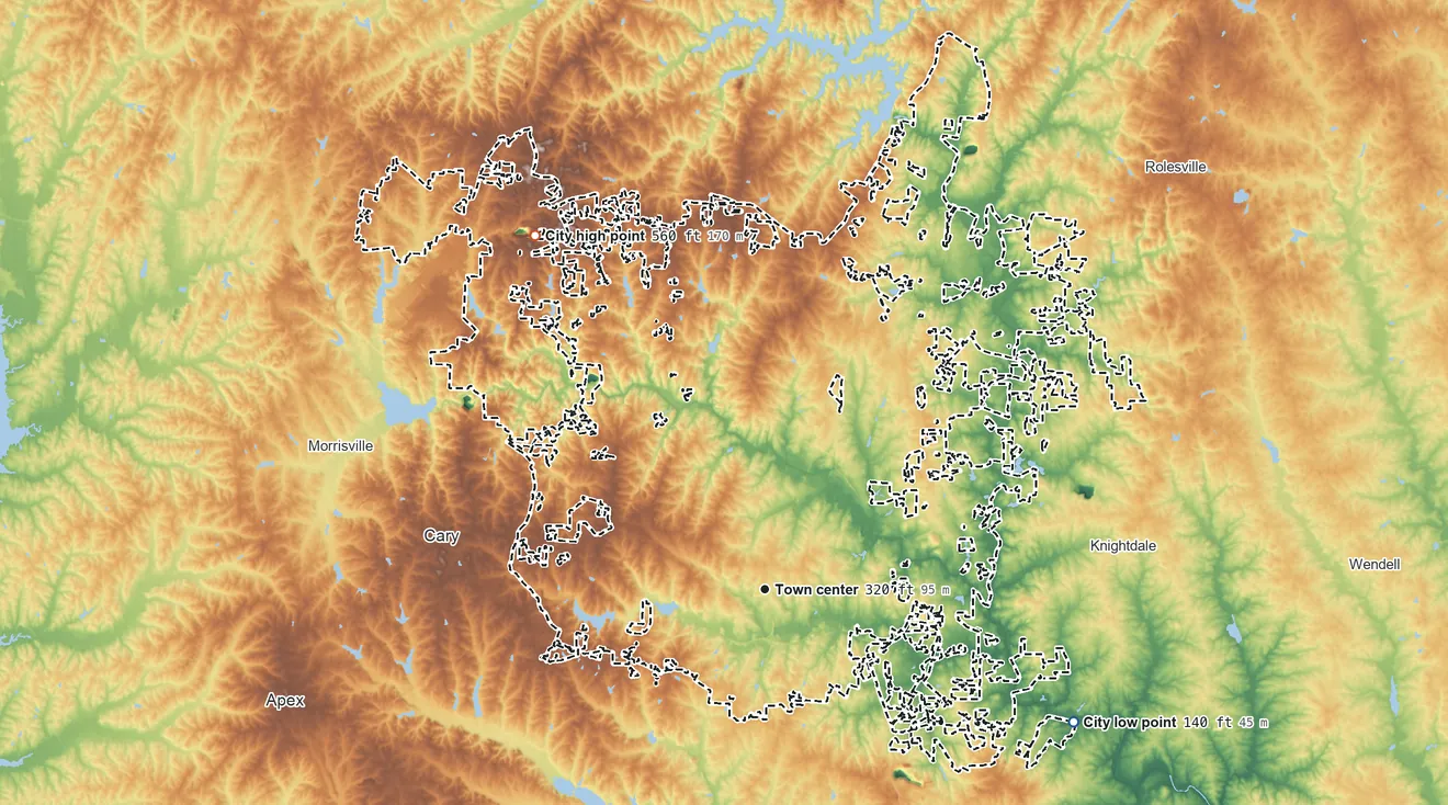 Topographic elevation map of Raleigh, North Carolina, shaded from 140 ft on the southeast side to 560 ft on the northwest side