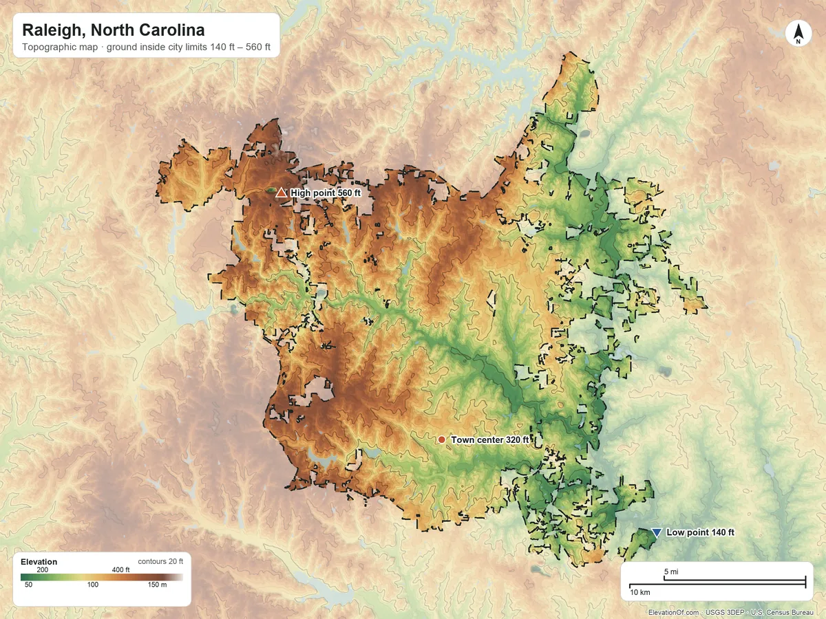 Topographic elevation map of Raleigh, North Carolina, shaded from 140 ft on the southeast side to 560 ft on the northwest side
