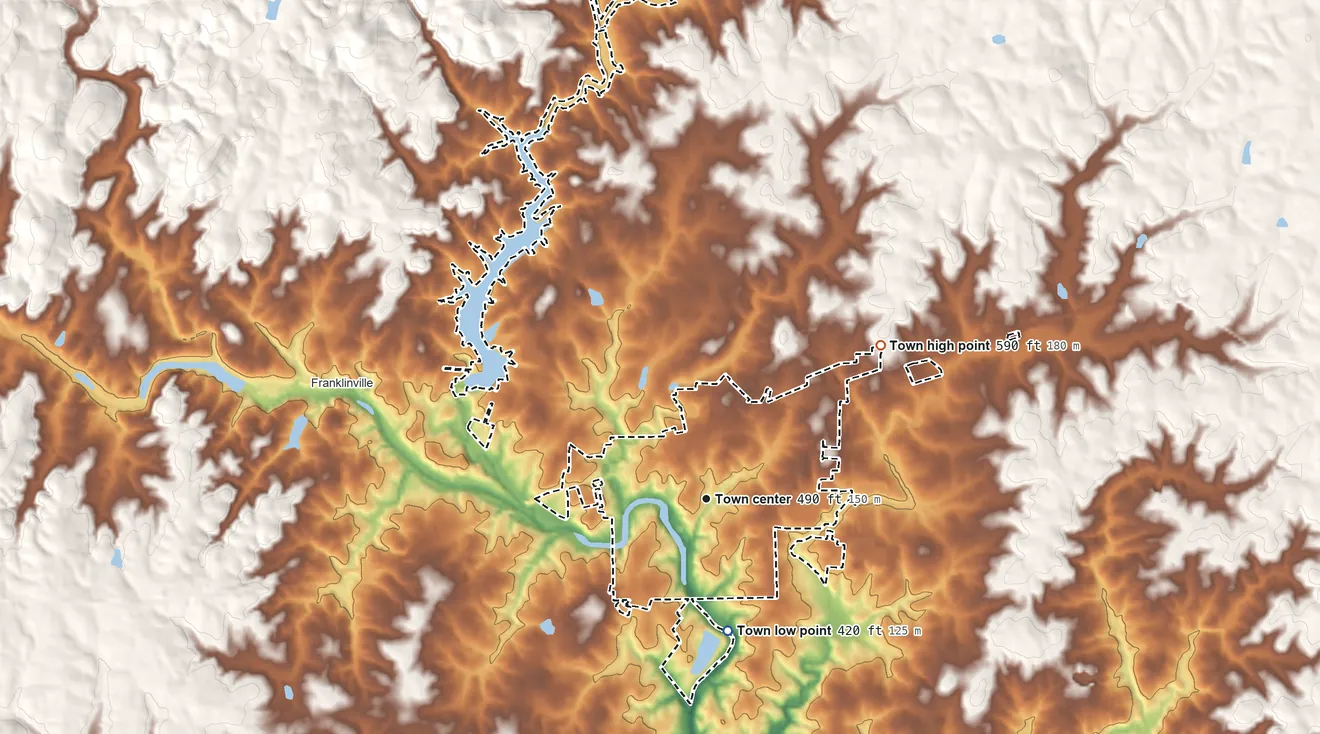 Topographic elevation map of Ramseur, North Carolina, shaded from 420 ft on the south side to 590 ft on the northeast side