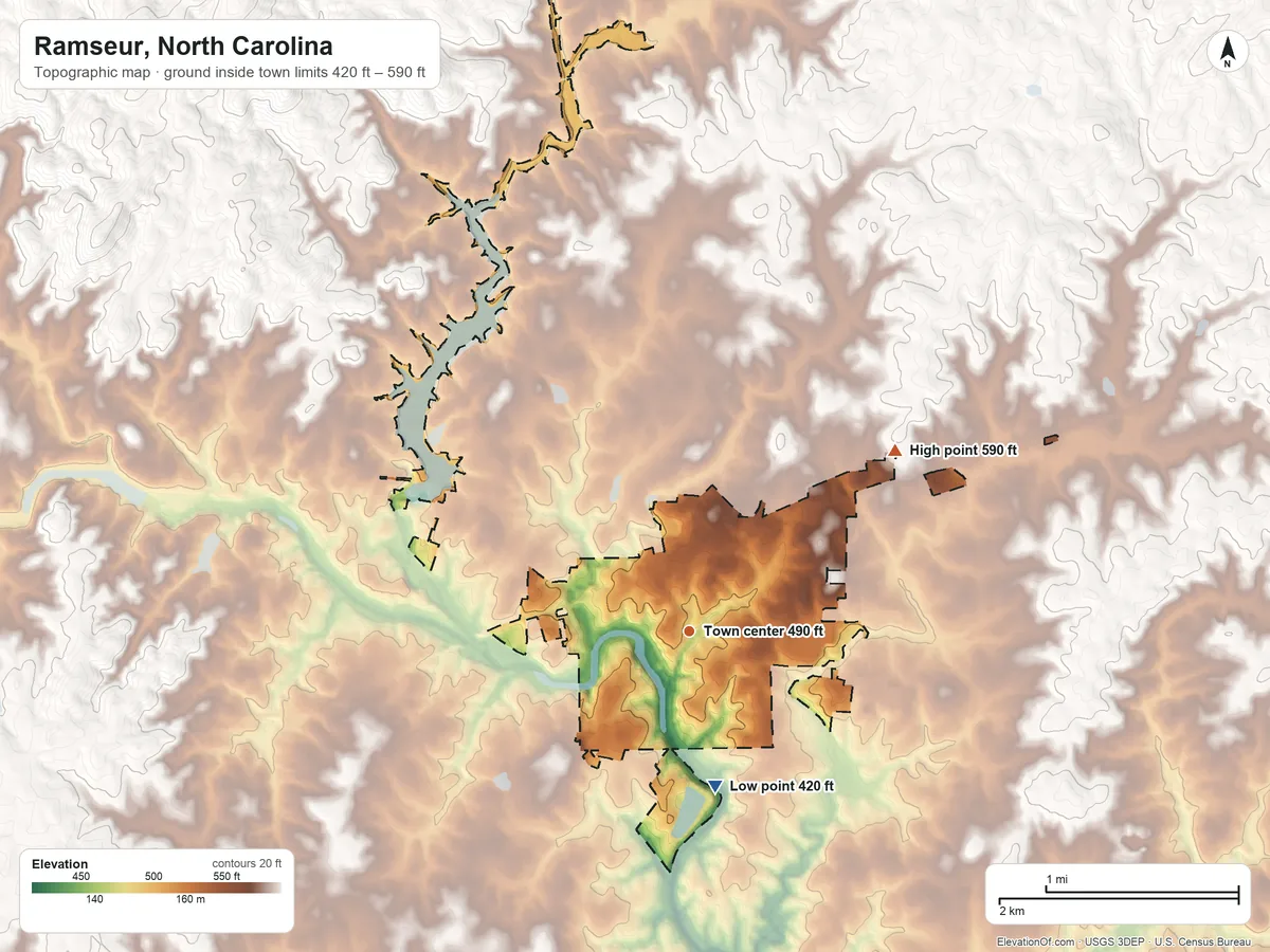 Topographic elevation map of Ramseur, North Carolina, shaded from 420 ft on the south side to 590 ft on the northeast side