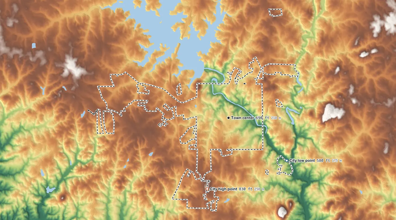 Topographic elevation map of Randleman, North Carolina, shaded from 580 ft on the southeast side to 830 ft on the south side