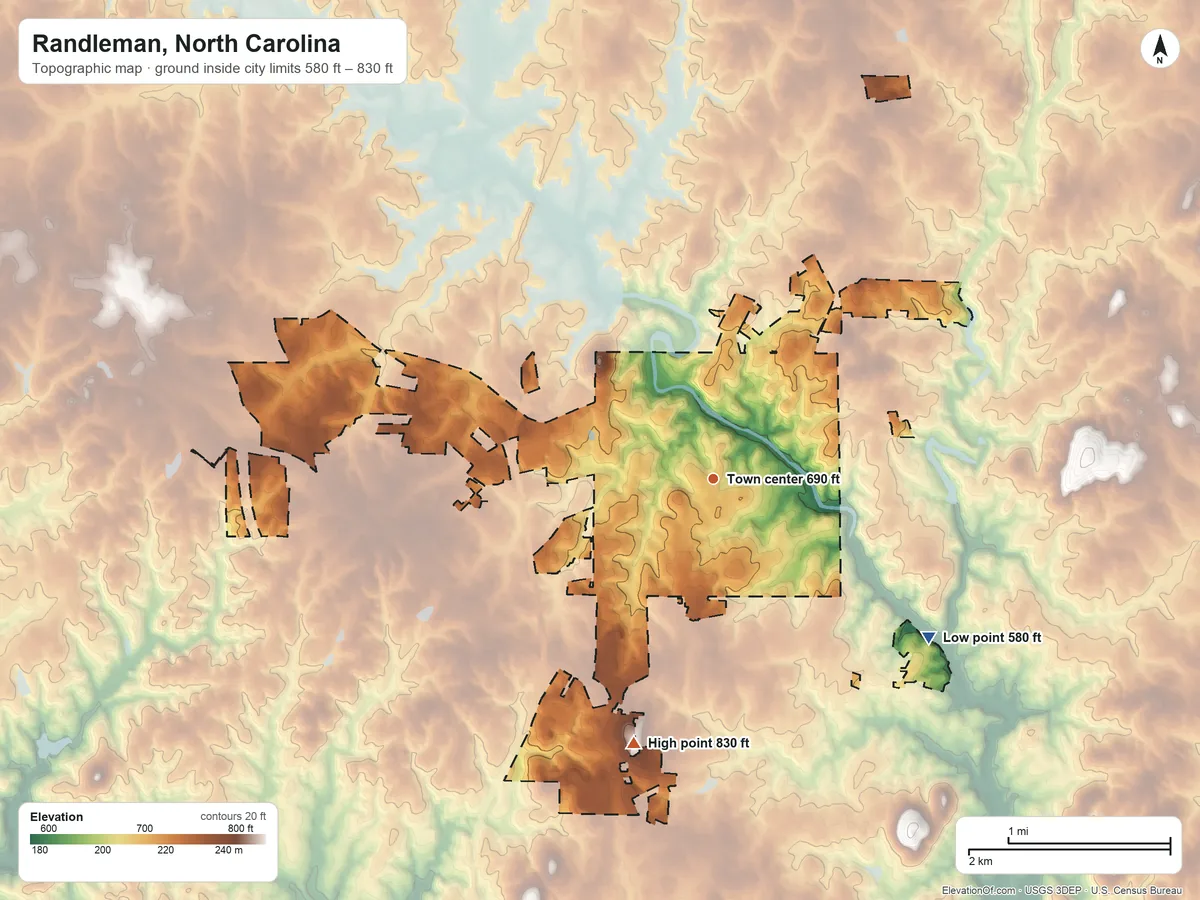Topographic elevation map of Randleman, North Carolina, shaded from 580 ft on the southeast side to 830 ft on the south side