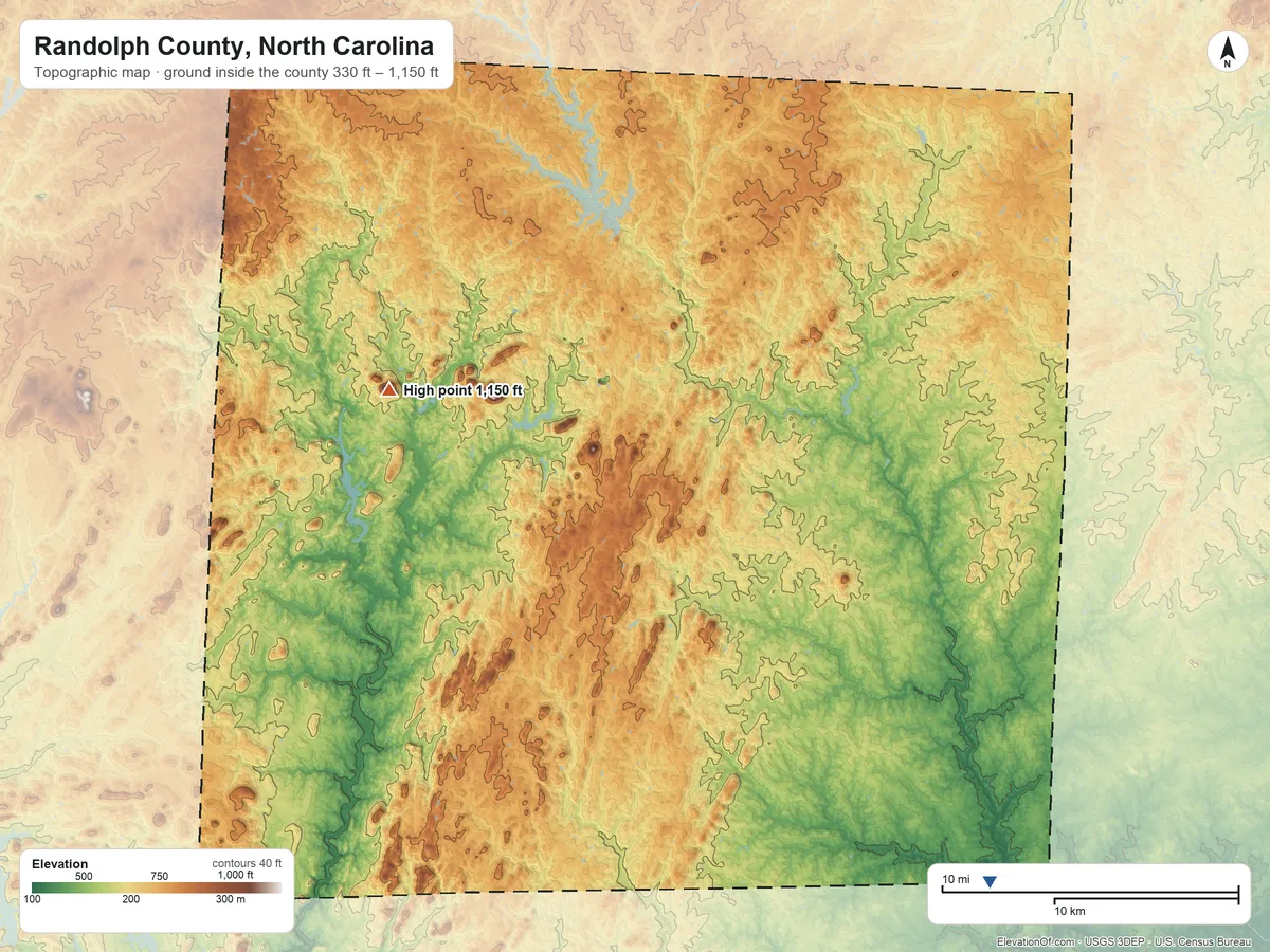 Topographic elevation map of Randolph County, North Carolina, shaded from 330 ft on the southeast side to 1,150 ft on Shepherd Mountain
