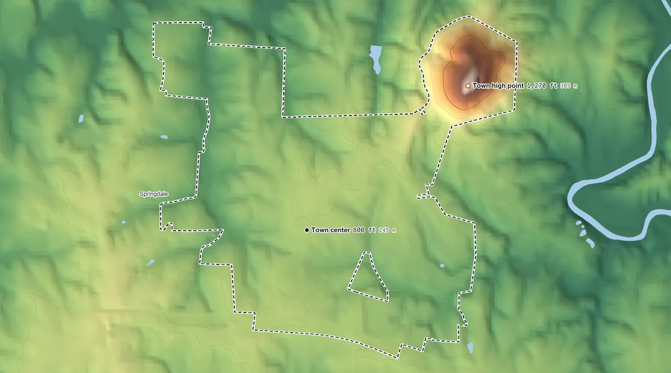 Topographic elevation map of Ranlo, North Carolina, shaded from 640 ft on the north side to 1,267 ft on Spencer Mountain