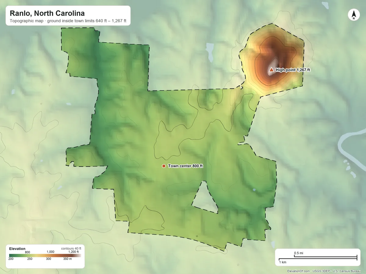 Topographic elevation map of Ranlo, North Carolina, shaded from 640 ft on the north side to 1,267 ft on Spencer Mountain