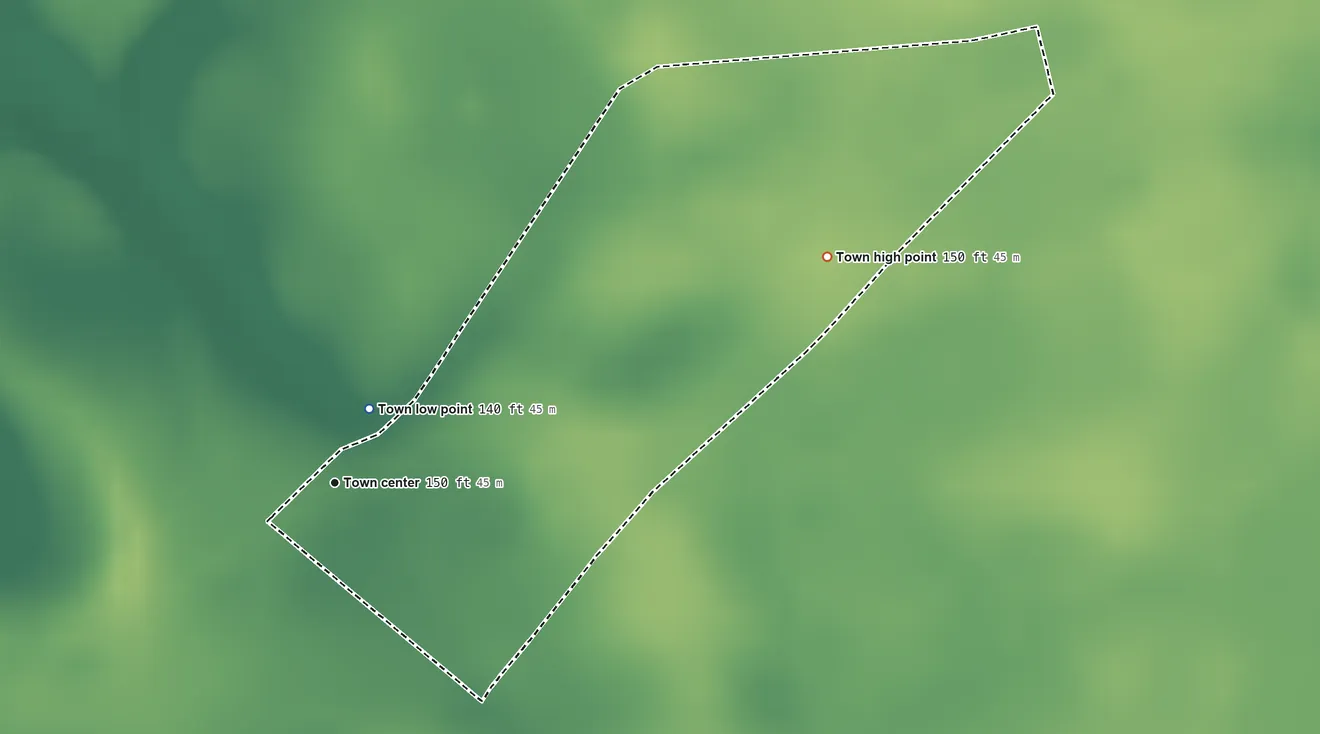 Topographic elevation map of Raynham, North Carolina, shaded from 140 ft near the middle to 150 ft on the northeast side