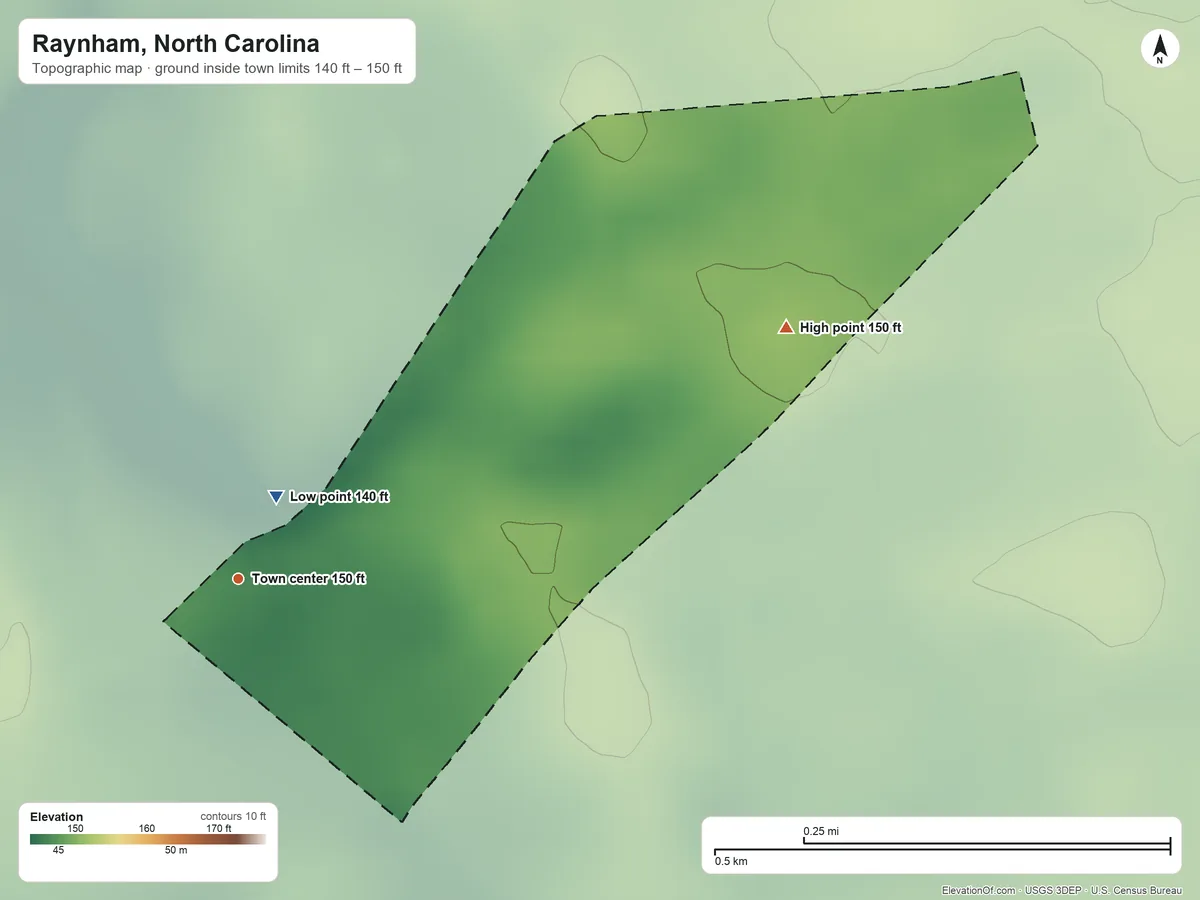 Topographic elevation map of Raynham, North Carolina, shaded from 140 ft near the middle to 150 ft on the northeast side