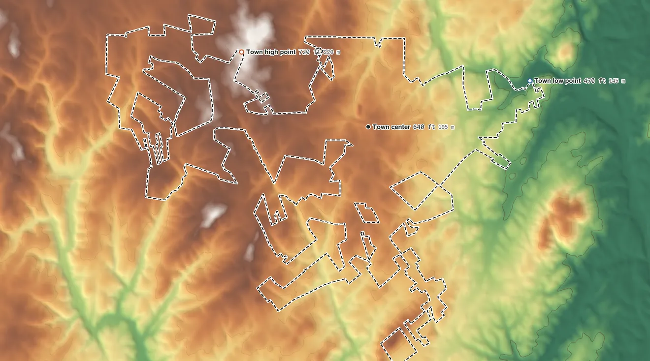 Topographic elevation map of Red Cross, North Carolina, shaded from 470 ft on the east side to 720 ft on the northwest side