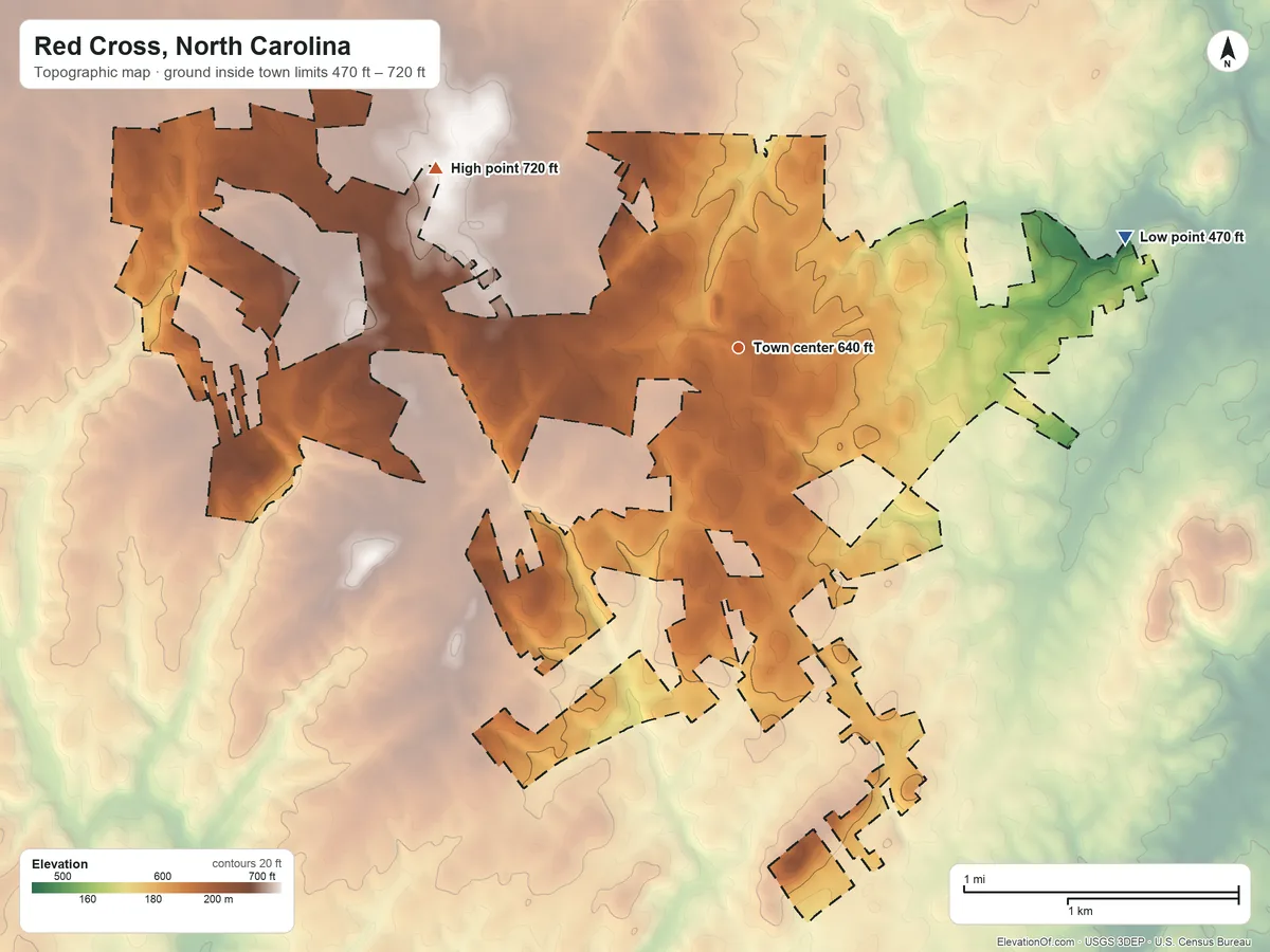 Topographic elevation map of Red Cross, North Carolina, shaded from 470 ft on the east side to 720 ft on the northwest side