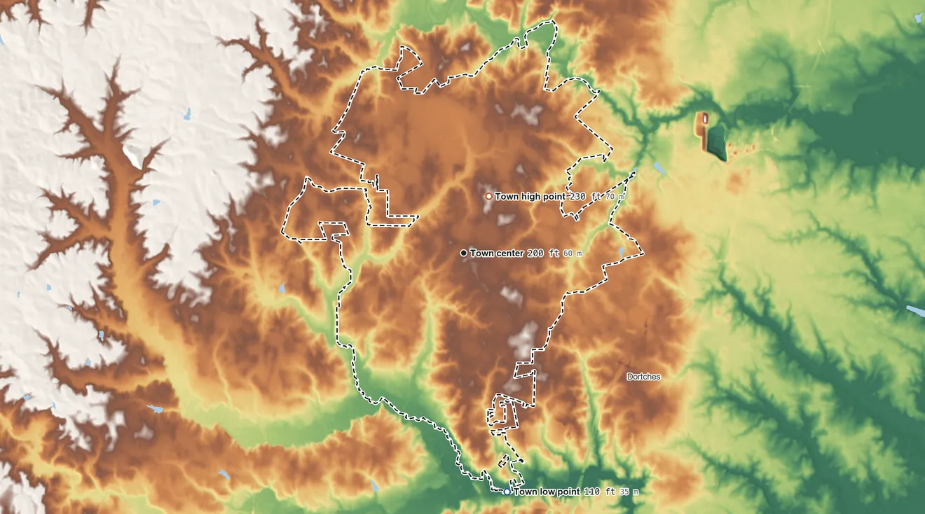Topographic elevation map of Red Oak, North Carolina, shaded from 110 ft on the south side to 230 ft on the northeast side