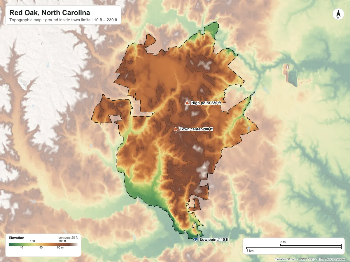 Topographic elevation map of Red Oak, North Carolina, shaded from 110 ft on the south side to 230 ft on the northeast side