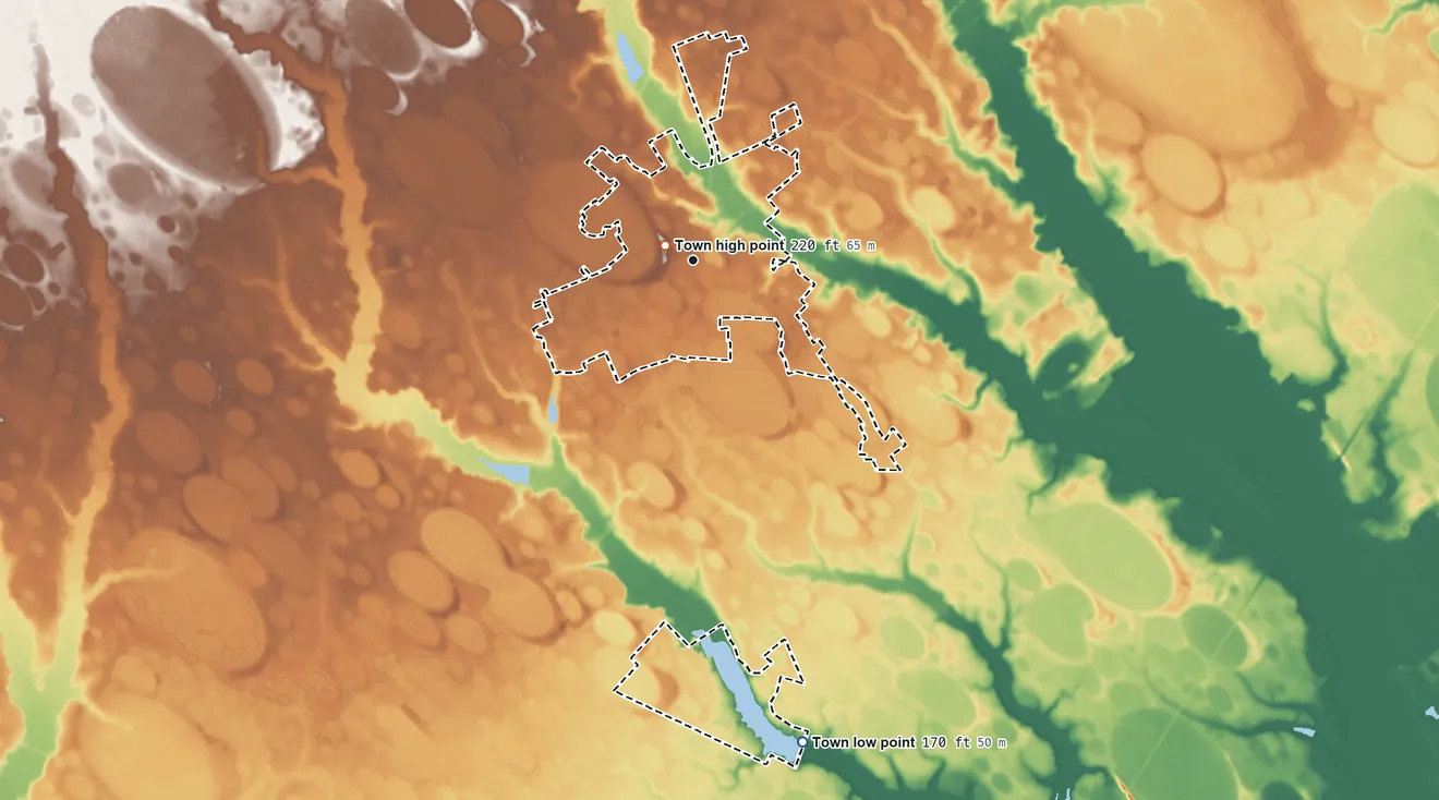 Topographic elevation map of Red Springs, North Carolina, shaded from 170 ft on the south side to 220 ft near the middle