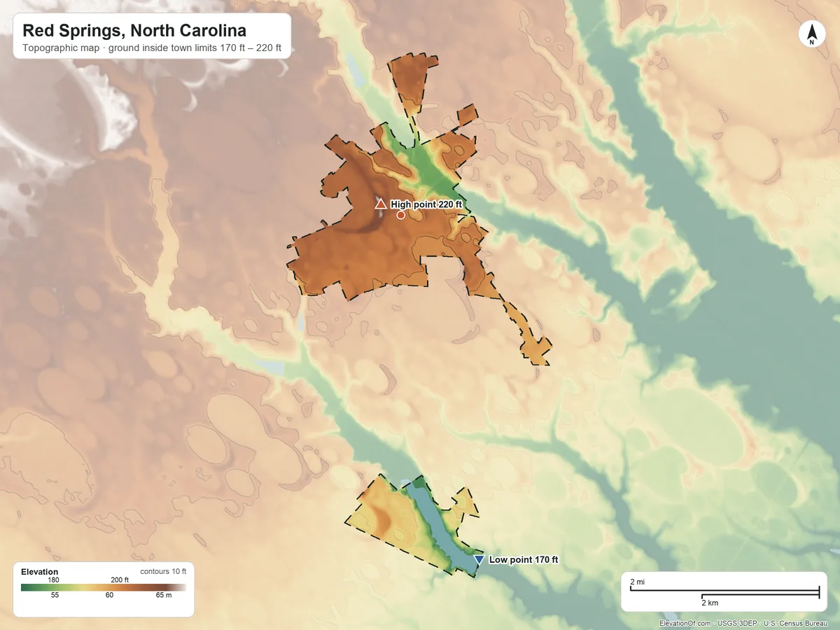 Topographic elevation map of Red Springs, North Carolina, shaded from 170 ft on the south side to 220 ft near the middle