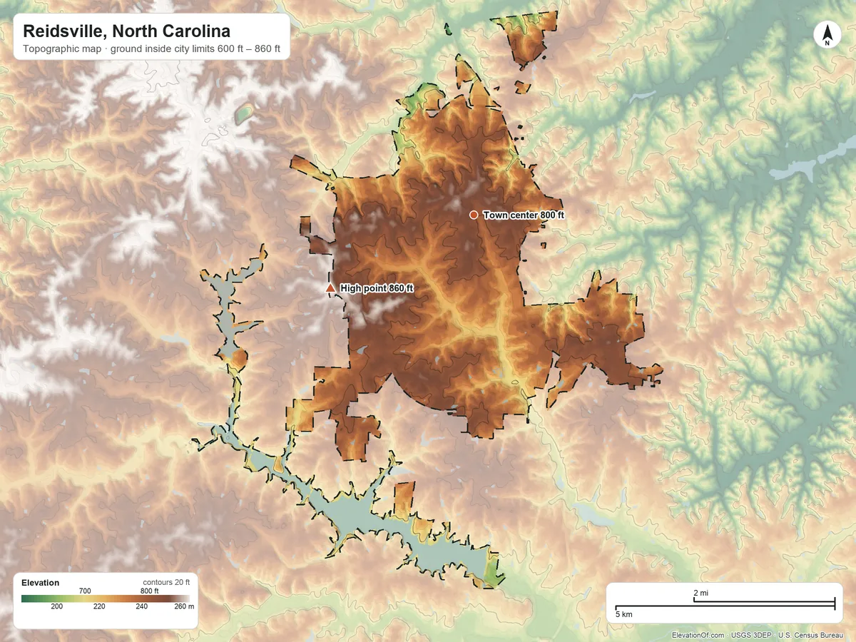 Topographic elevation map of Reidsville, North Carolina, shaded from 600 ft on the north side to 860 ft on the southwest side