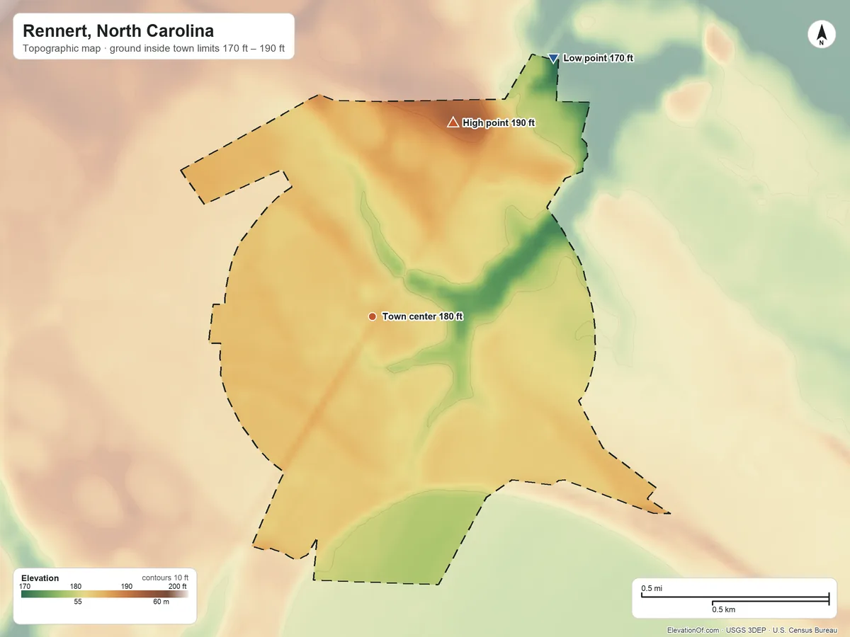 Topographic elevation map of Rennert, North Carolina, shaded from 170 ft on the northeast side to 190 ft on the northeast side