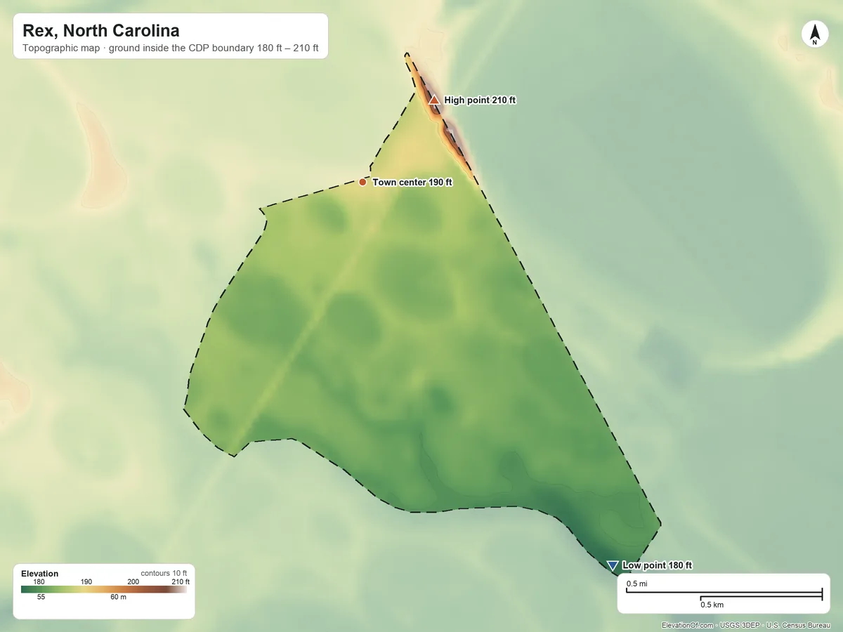 Topographic elevation map of Rex, North Carolina, shaded from 180 ft on the southeast side to 210 ft on the northeast side