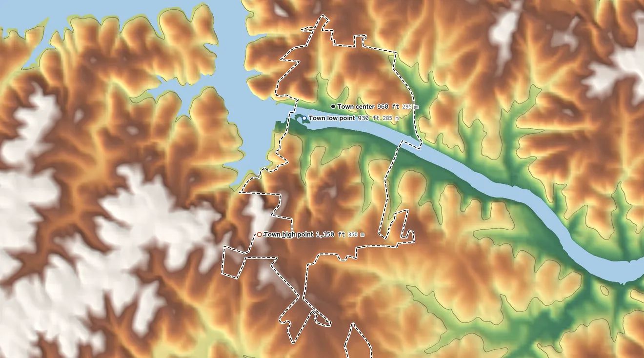 Topographic elevation map of Rhodhiss, North Carolina, shaded from 930 ft near the middle to 1,150 ft on the southwest side