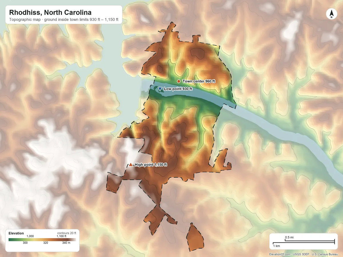 Topographic elevation map of Rhodhiss, North Carolina, shaded from 930 ft near the middle to 1,150 ft on the southwest side