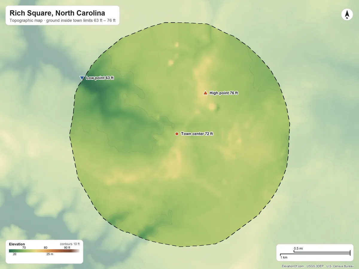 Topographic elevation map of Rich Square, North Carolina, shaded from 63 ft on the northwest side to 76 ft on the northeast side