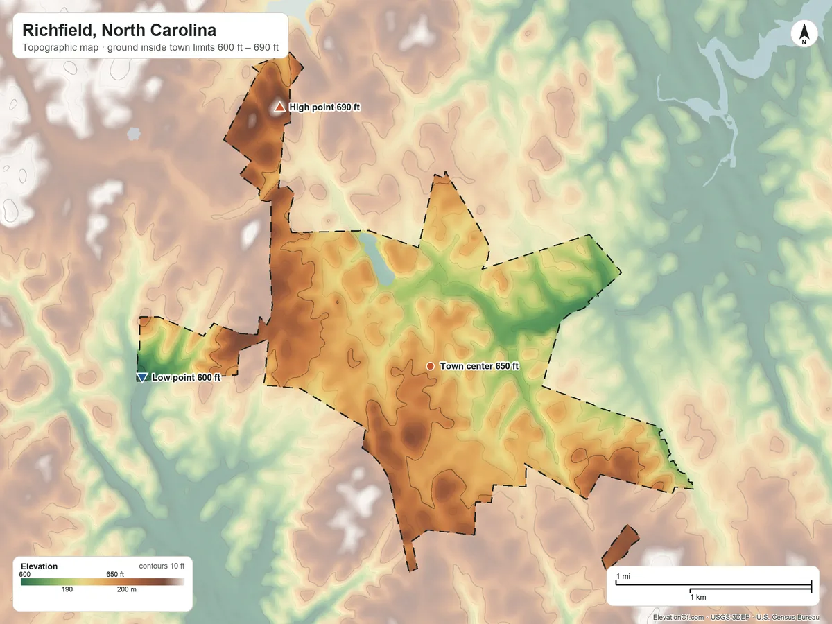 Topographic elevation map of Richfield, North Carolina, shaded from 600 ft on the west side to 690 ft on the northwest side
