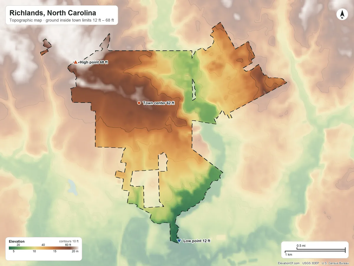 Topographic elevation map of Richlands, North Carolina, shaded from 12 ft on the south side to 68 ft on the northwest side