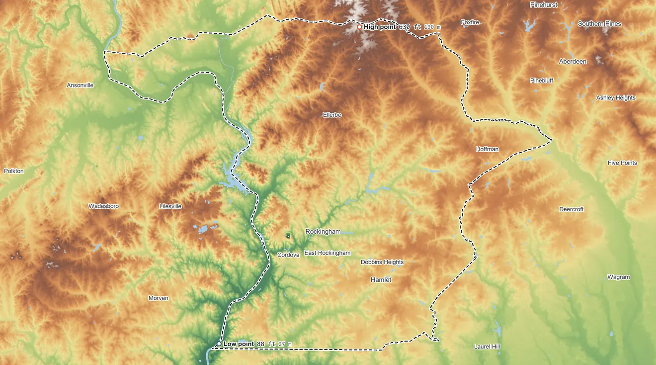 Topographic elevation map of Richmond County, North Carolina, shaded from 88 ft on the southwest side to 630 ft on the north side