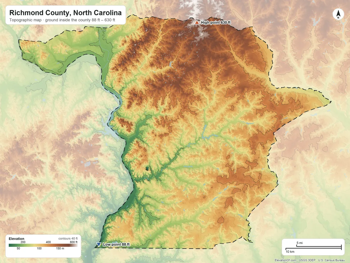 Topographic elevation map of Richmond County, North Carolina, shaded from 88 ft on the southwest side to 630 ft on the north side