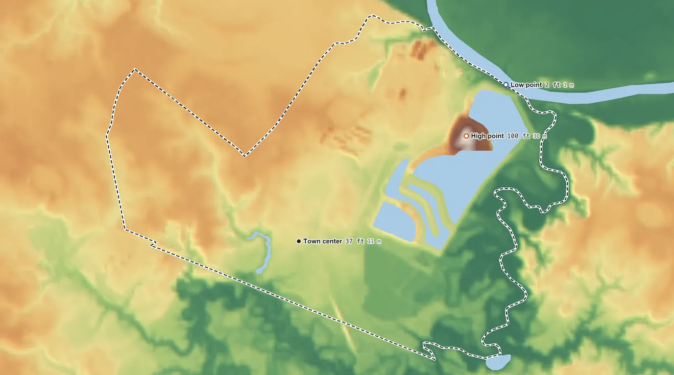 Topographic elevation map of Riegelwood, North Carolina, shaded from 2 ft on the northeast side to 100 ft on the northeast side