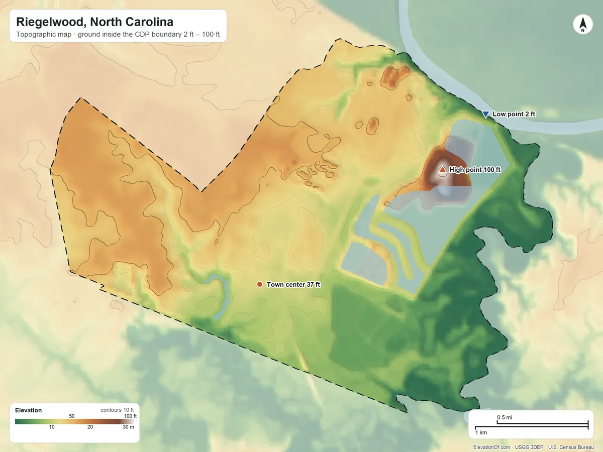 Topographic elevation map of Riegelwood, North Carolina, shaded from 2 ft on the northeast side to 100 ft on the northeast side
