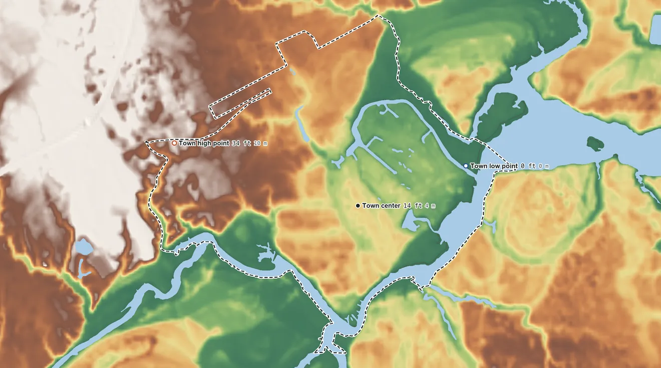 Topographic elevation map of River Bend, North Carolina, shaded from 0 ft on the east side to 34 ft on the west side
