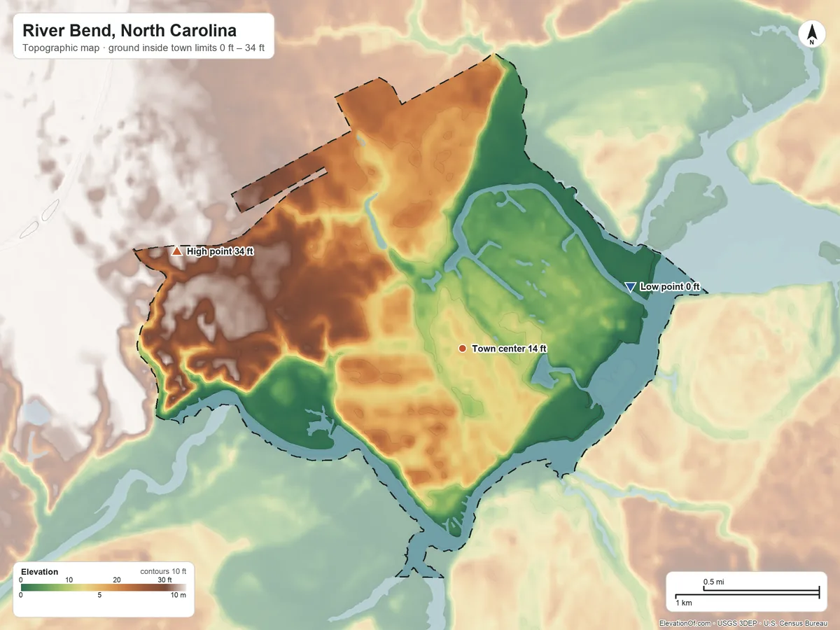 Topographic elevation map of River Bend, North Carolina, shaded from 0 ft on the east side to 34 ft on the west side