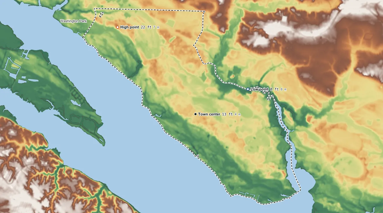 Topographic elevation map of River Road, North Carolina, shaded from 0 ft on the northeast side to 22 ft on the northwest side