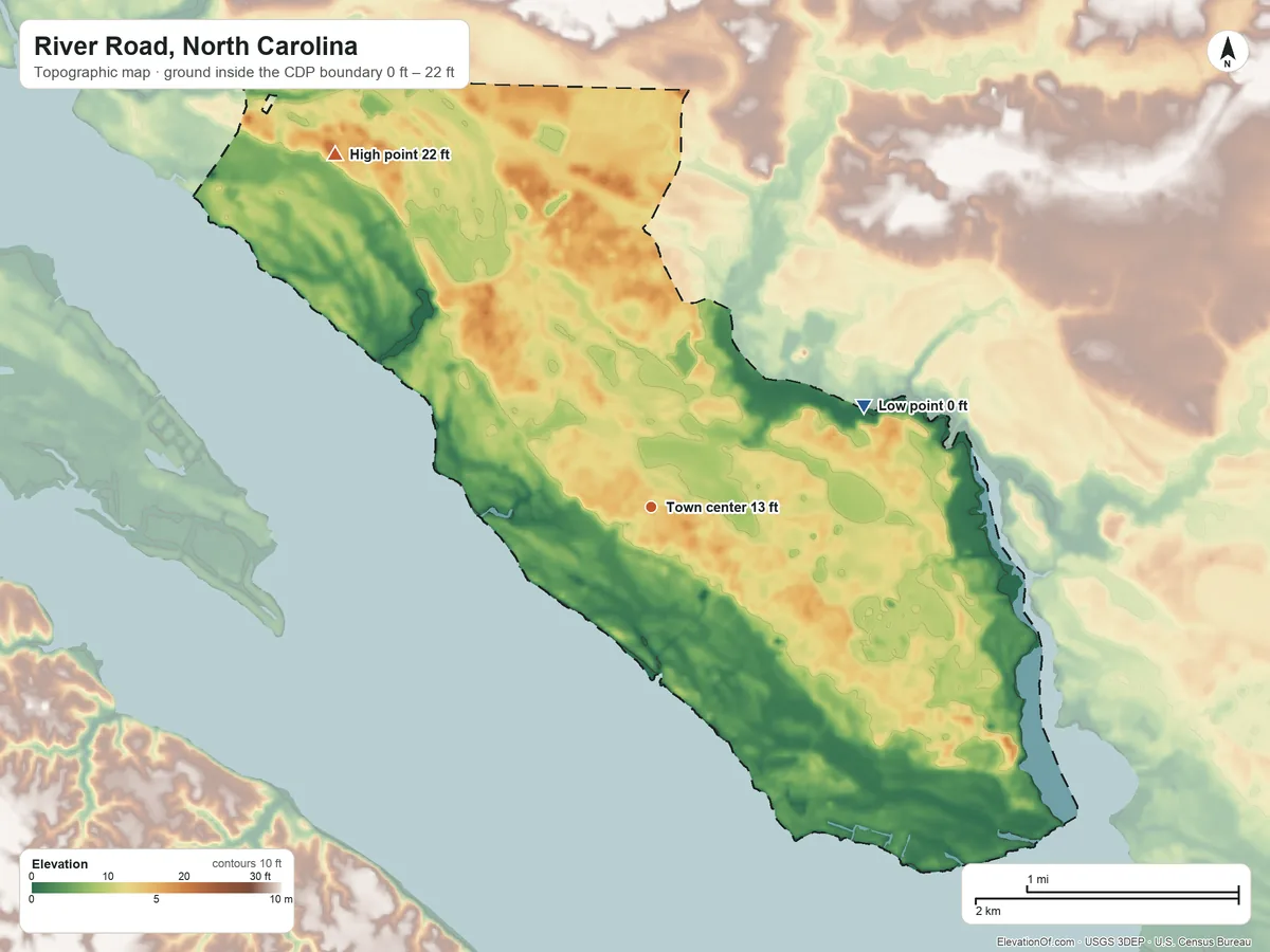 Topographic elevation map of River Road, North Carolina, shaded from 0 ft on the northeast side to 22 ft on the northwest side