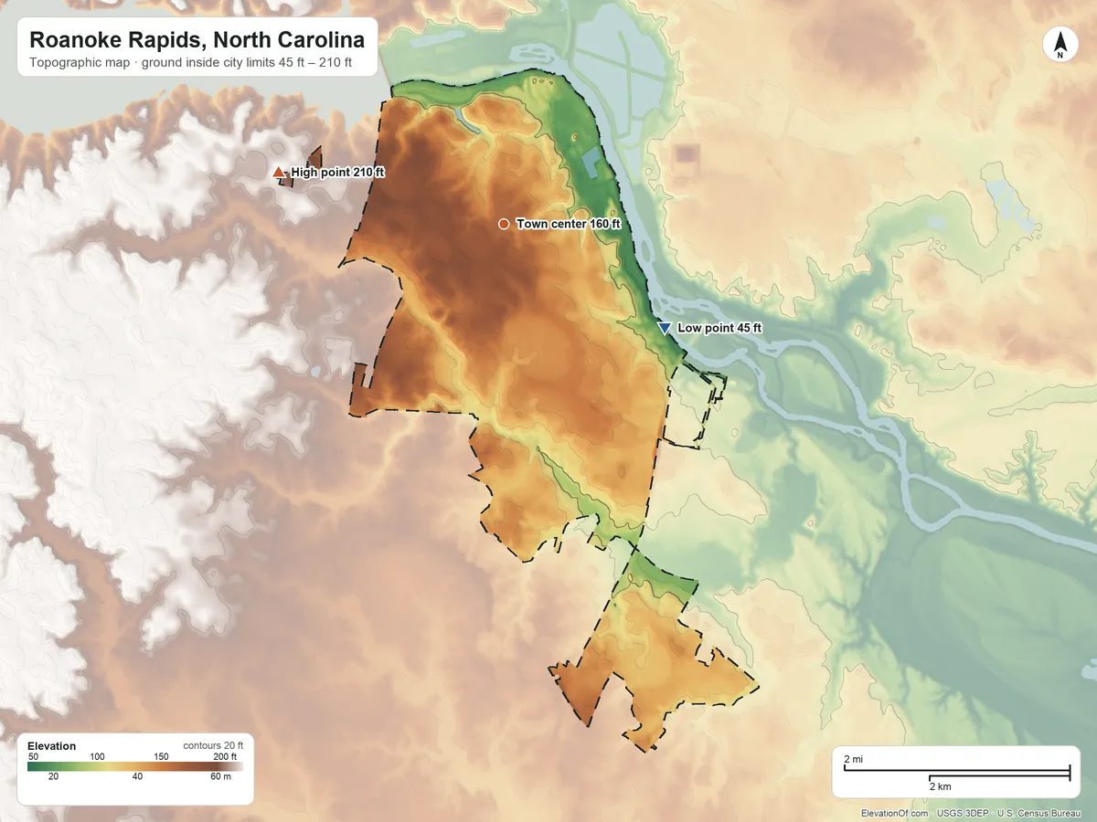 Topographic elevation map of Roanoke Rapids, North Carolina, shaded from 45 ft on the southeast side to 210 ft on the west side