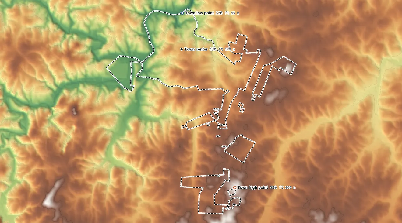 Topographic elevation map of Robbins, North Carolina, shaded from 320 ft on the north side to 530 ft on the south side