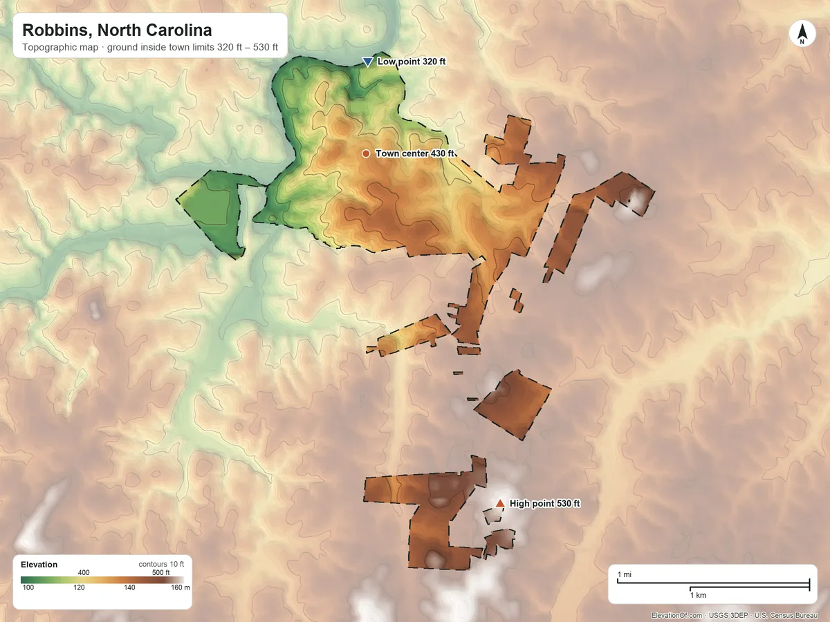 Topographic elevation map of Robbins, North Carolina, shaded from 320 ft on the north side to 530 ft on the south side